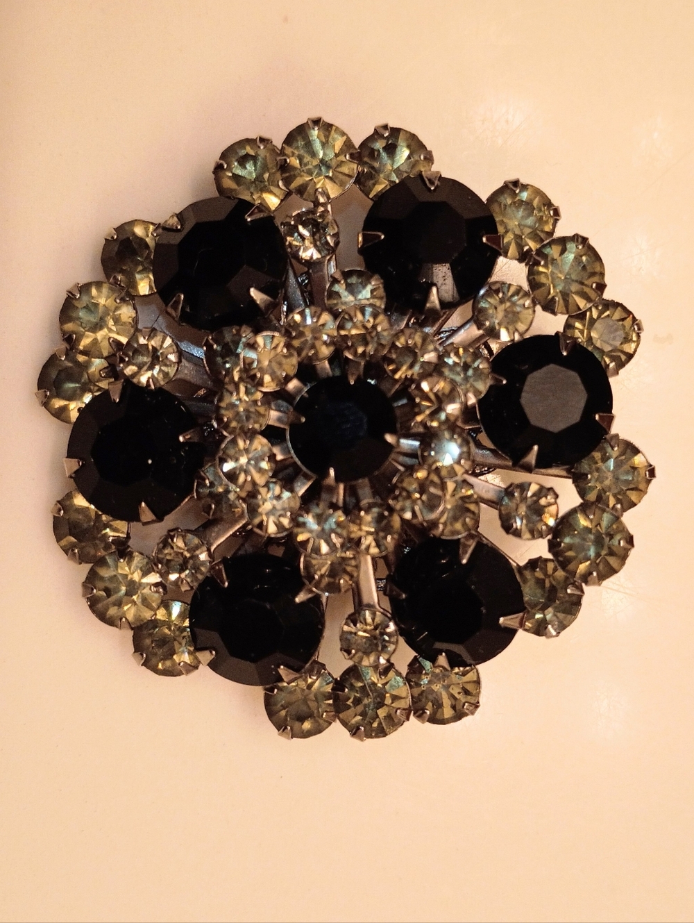 Kendall & Marcus Vintage-Inspired Round Crystal Brooch in Black and Silver